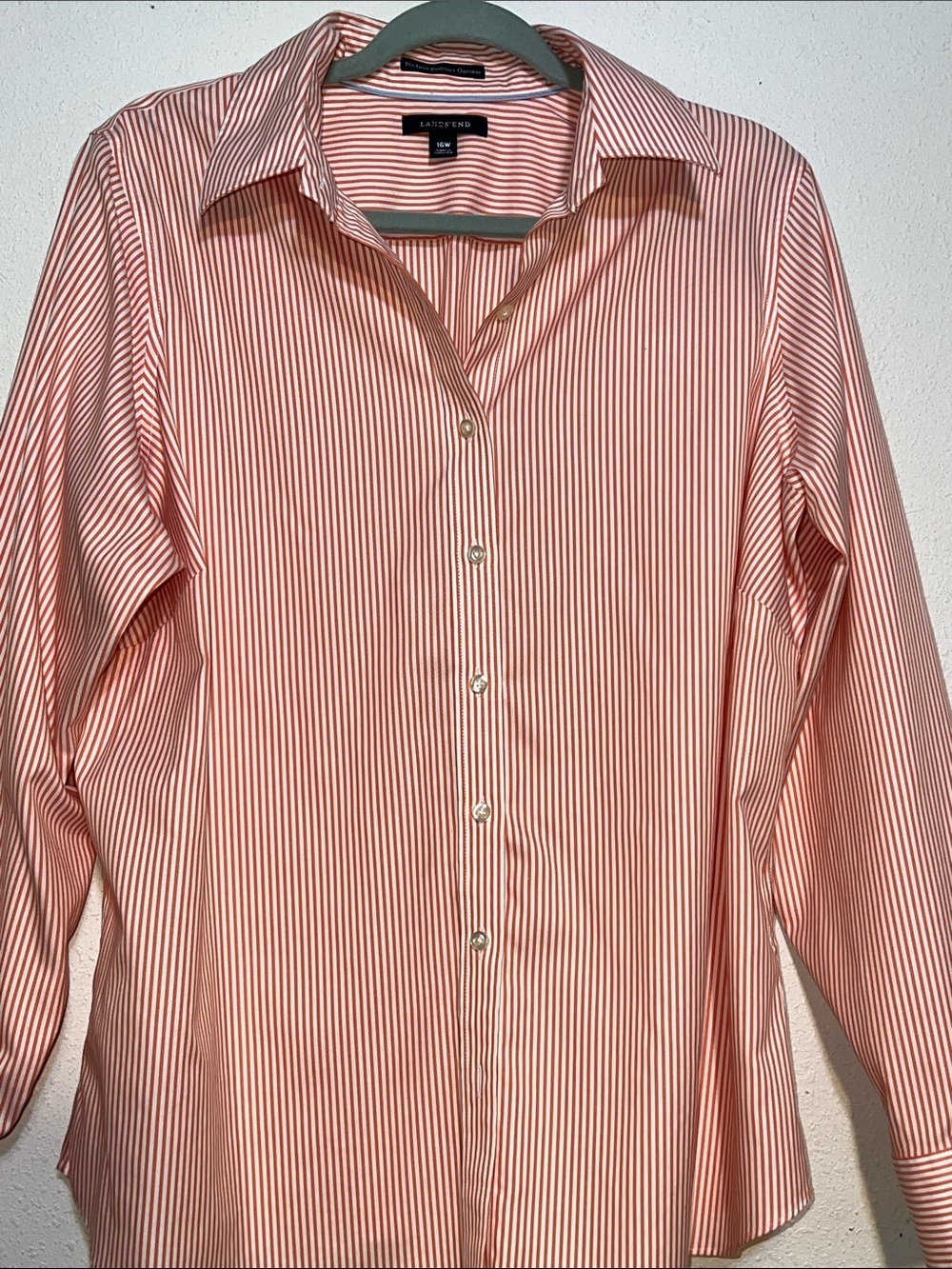 Lands' End Pink & White Striped No Iron Pinpoint Button-Down Shirt Size 16W